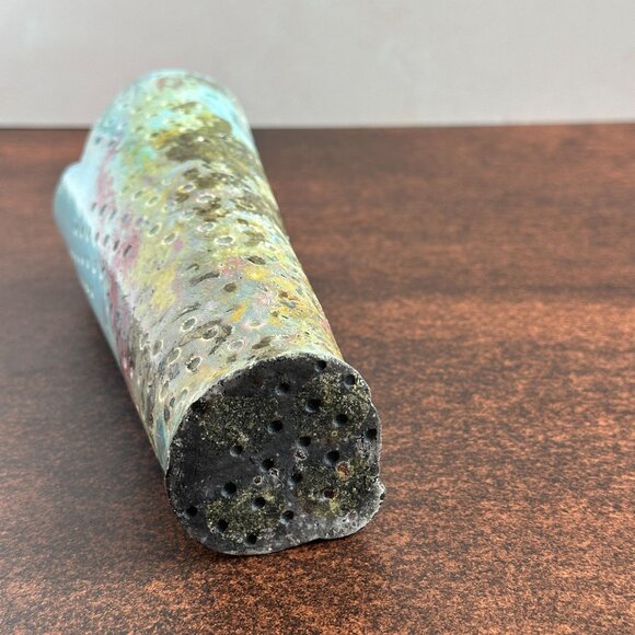 Studio Pottery Vase 8", Blue Yellow Pierced Ceramic - Picture 8 of 9